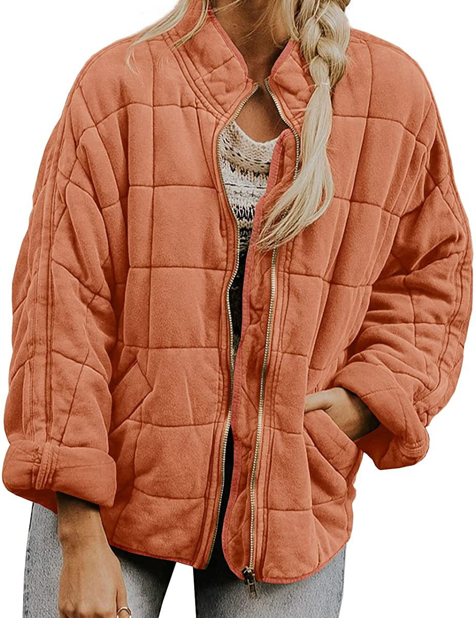 Plaid Stand-Collar Zip-Up Winter Coat for Women Brick red Coat