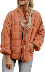 Plaid Stand-Collar Zip-Up Winter Coat for Women Brick red Coat