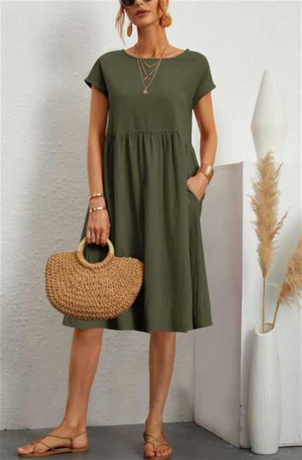 Women’s A‑Line Short‑Sleeve Dress with Pockets Army Green Dresses