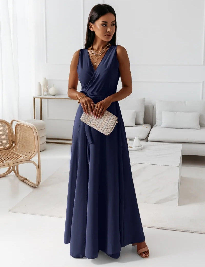 Women's V-Neck Sleeveless Belted Maxi Dress Navy Blue Dress