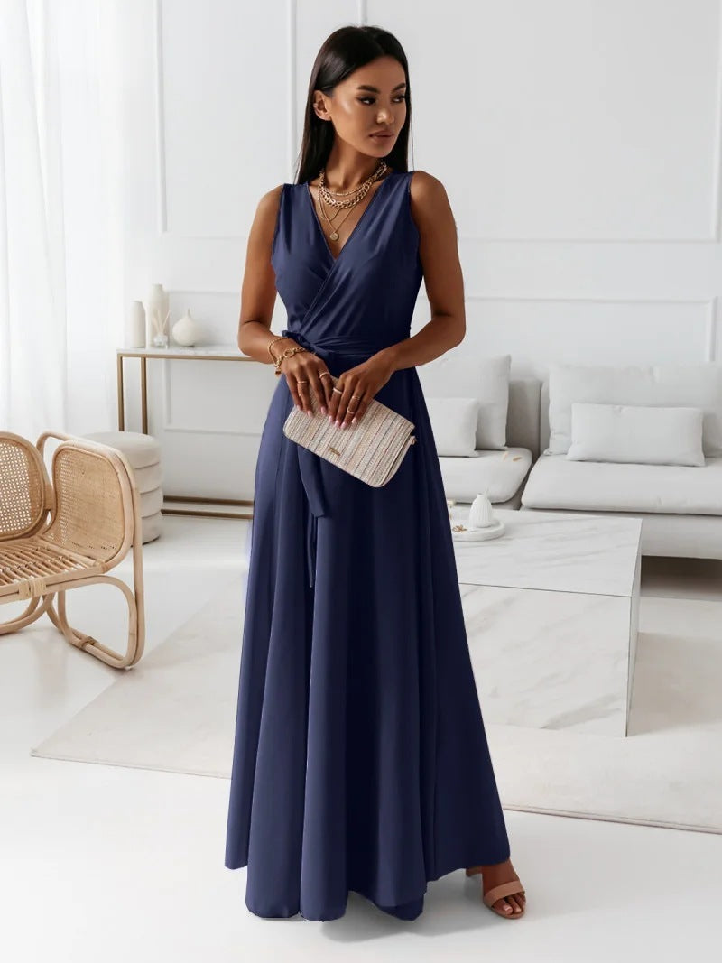 Women's V-Neck Sleeveless Belted Maxi Dress Navy Blue Dress
