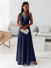 Women's V-Neck Sleeveless Belted Maxi Dress Navy Blue Dress