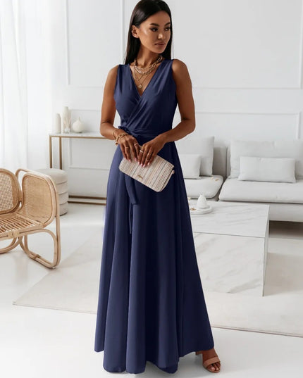 Women's V-Neck Sleeveless Belted Maxi Dress Navy Blue Dress