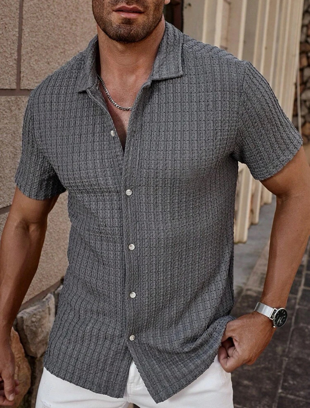 Men's Slim Fit Short Sleeve Casual Shirt Gray Shirts