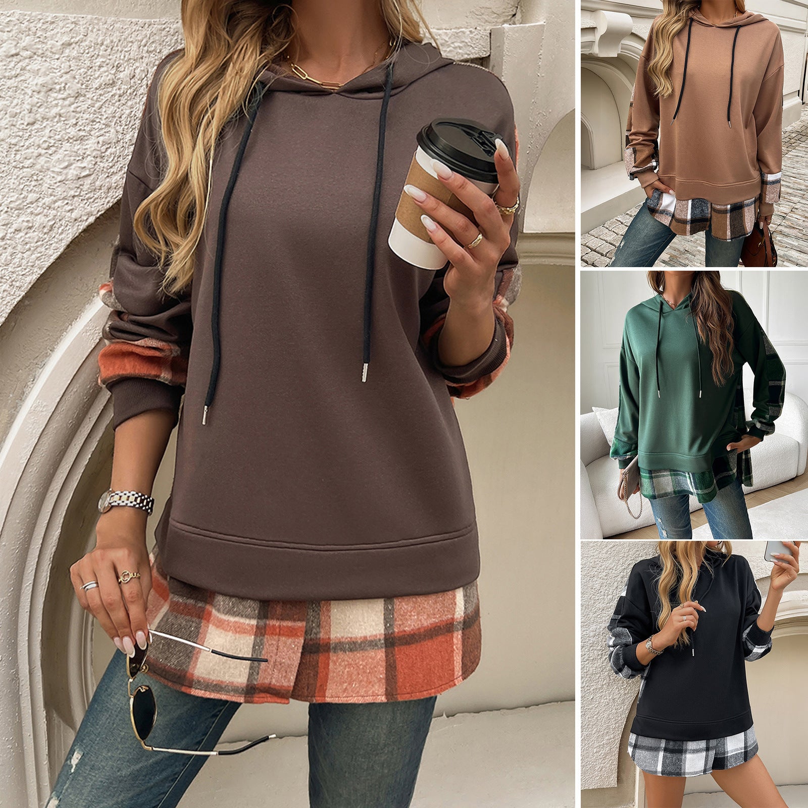 Vintage Oversized Plaid Patchwork Hoodie Women's Clothing