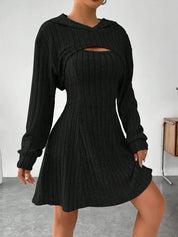 Women’s Two‑Piece Hooded Shawl Vest & Skirt Set Black Skirts
