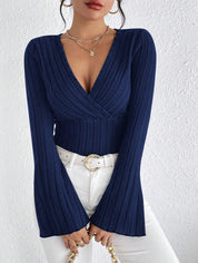 Women’s Ribbed Stripe V‑Neck Slim Fit Long-Sleeve Top Navy Blue Sweaters
