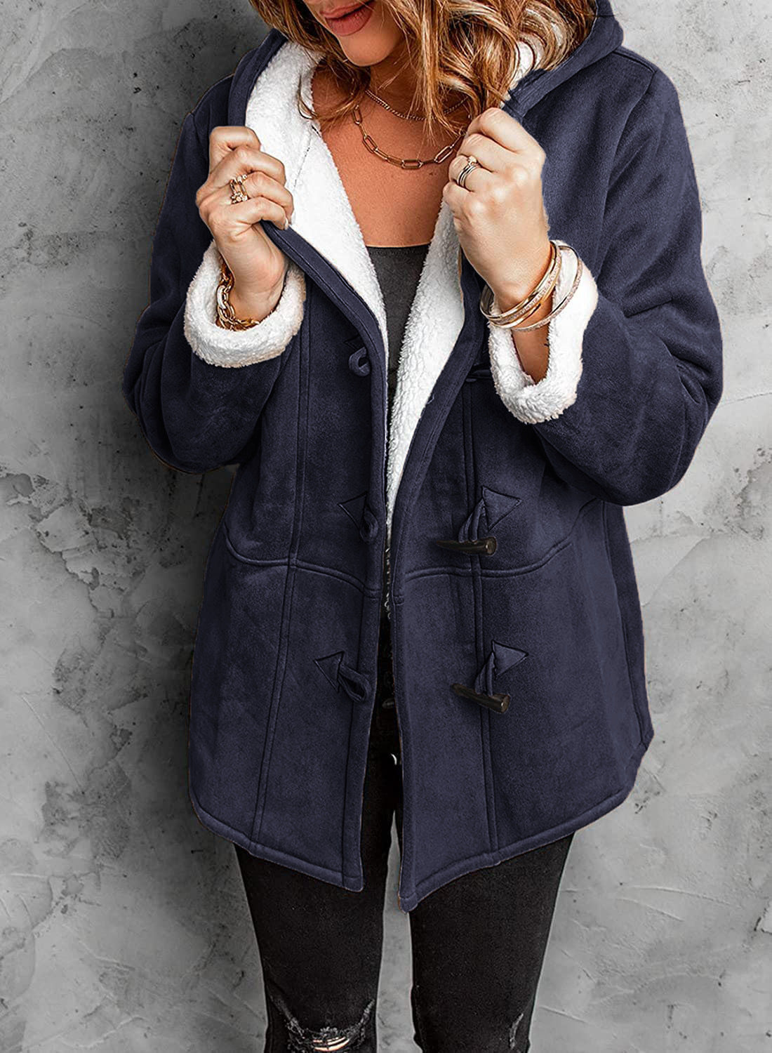 Elegant Cashmere Hooded Coat Dark Blue Hooded Coat