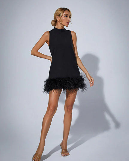 Cecily | Black Feather Mini Dress L Dresses