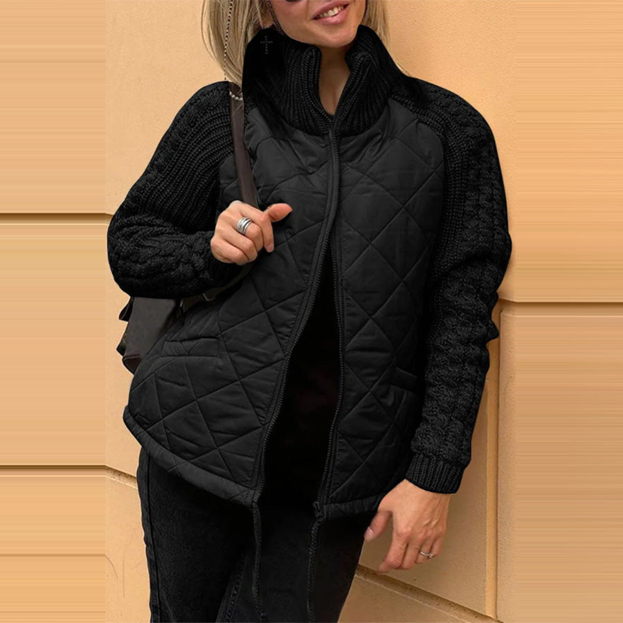 Winter Zip-Up Knit Stitch Jacket Black Winter Puffer Jacket