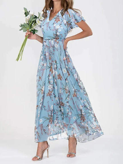 Floral Ruffle Short Sleeve Summer Dress Lake Blue Dresses