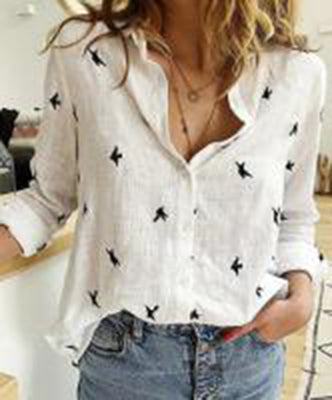 Women's Lapel Long Sleeve Button-Down Shirt White - Black Women Blouse