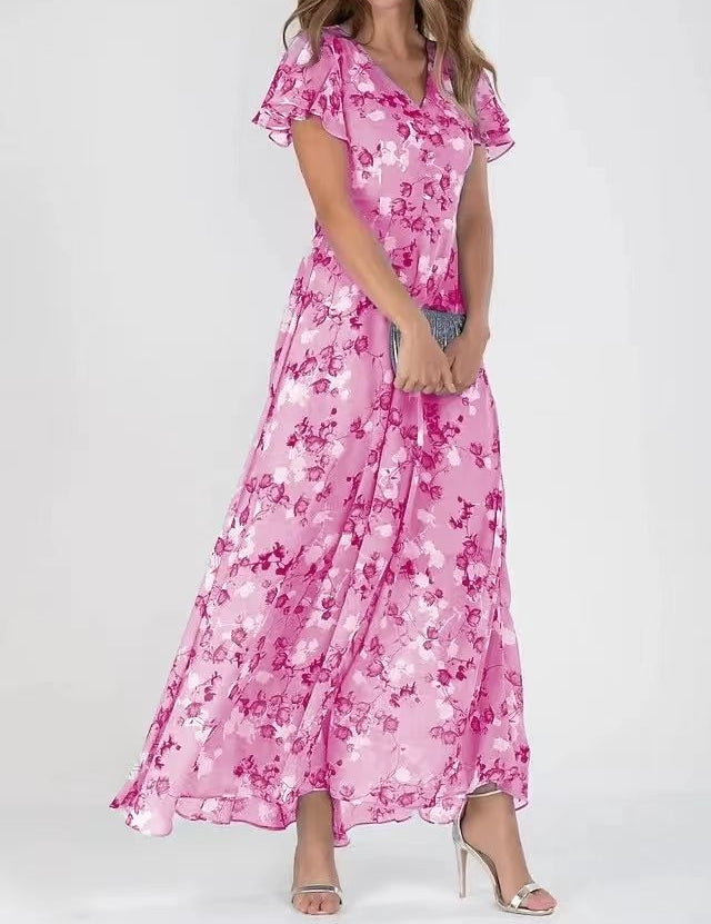 Floral Ruffle Short Sleeve Summer Dress Pink Dresses