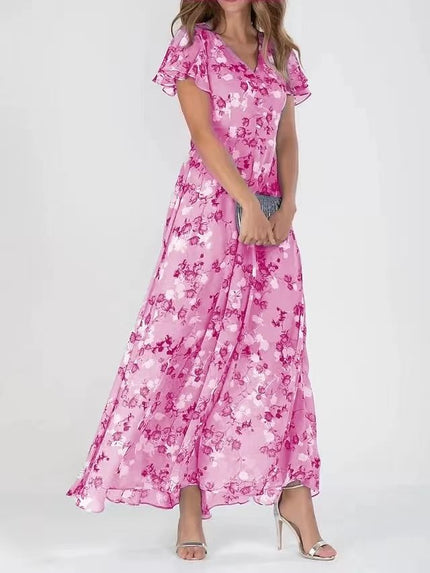 Floral Ruffle Short Sleeve Summer Dress Pink Dresses