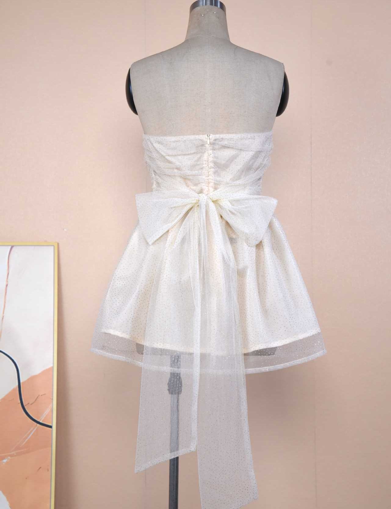 Elegant Tube Top Lace Dress with Back Bow Beige white Dresses