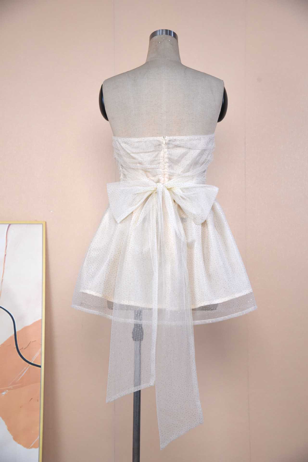 Tube Top Lace Dress with Back Bow Knot – Mesh-Trimmed Summer Mini Dress Beige white Dresses