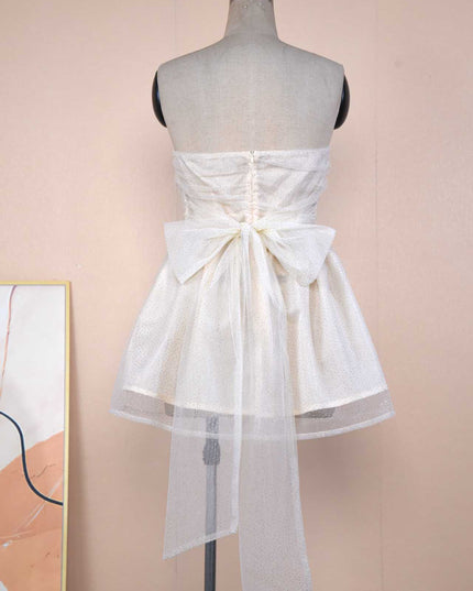 Tube Top Lace Dress with Back Bow Knot – Mesh-Trimmed Summer Mini Dress Beige white Dresses