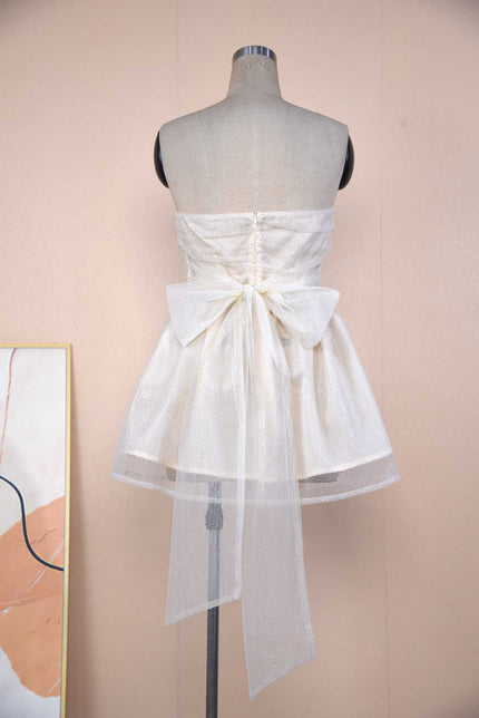 Tube Top Lace Dress with Back Bow Knot – Mesh-Trimmed Summer Mini Dress Beige white Dresses