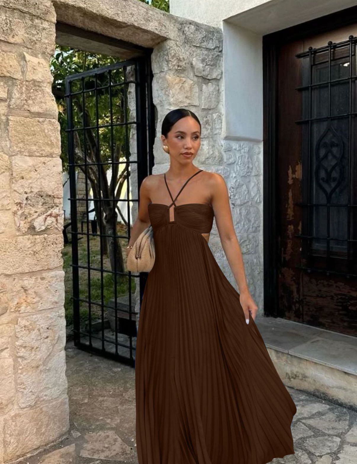 Women's Pleated Sleeveless Sling Dress - Halter High Waist Brown women