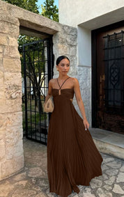 Women's Pleated Sleeveless Sling Dress - Halter High Waist Brown women