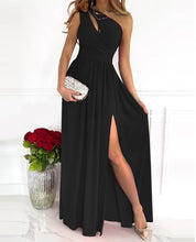 Women's One Shoulder High Split Cutout Sleeveless Elegant Sexy Cocktail Maxi Dress Black Dresses