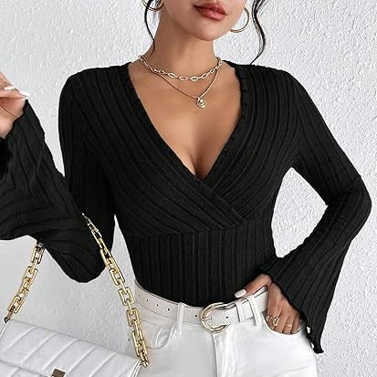 Women’s Ribbed Stripe V‑Neck Slim Fit Long-Sleeve Top Sweaters