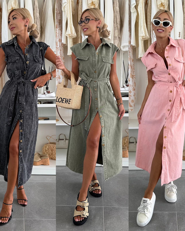 Women’s Sleeveless Lace‑Up Denim Midi Dress with Pockets & Lapel Dresses