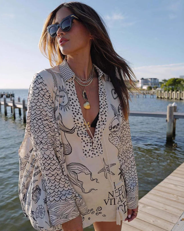 Flower Print Shirt Short Set Women Black Outfit Sets