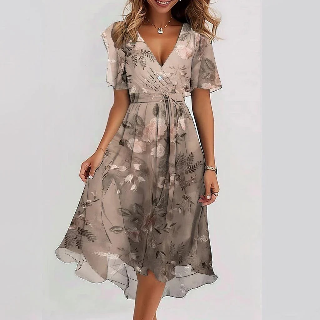 Women's Chiffon Printed V-Neck Dress Rose Gold Dress