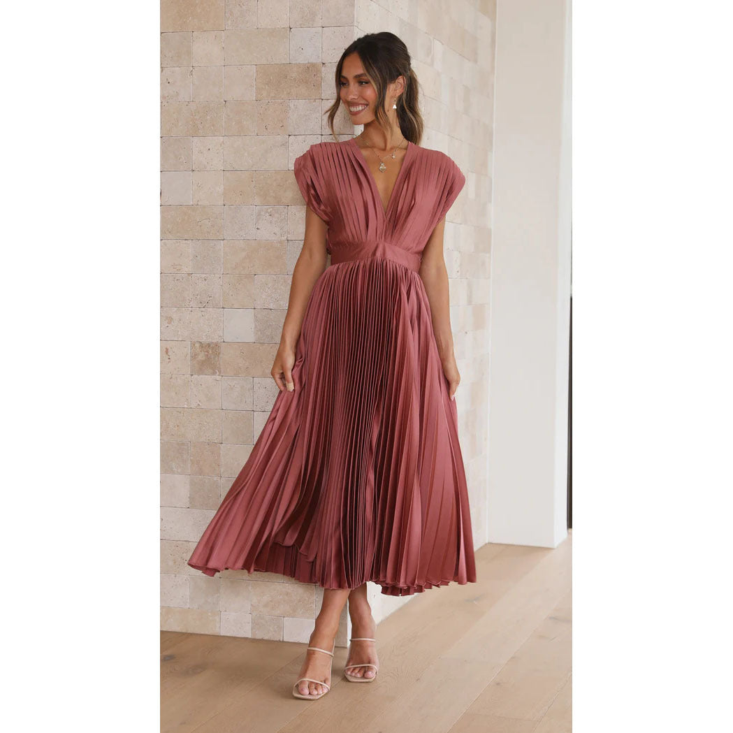Summer V-Neck Pleated Sleeveless Dress Brick Red Dress