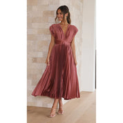 Summer V-Neck Pleated Sleeveless Dress Brick Red Dress