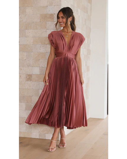 Summer V-Neck Pleated Sleeveless Dress – Casual Loose Fit with Zipper Closure Brick Red Dress