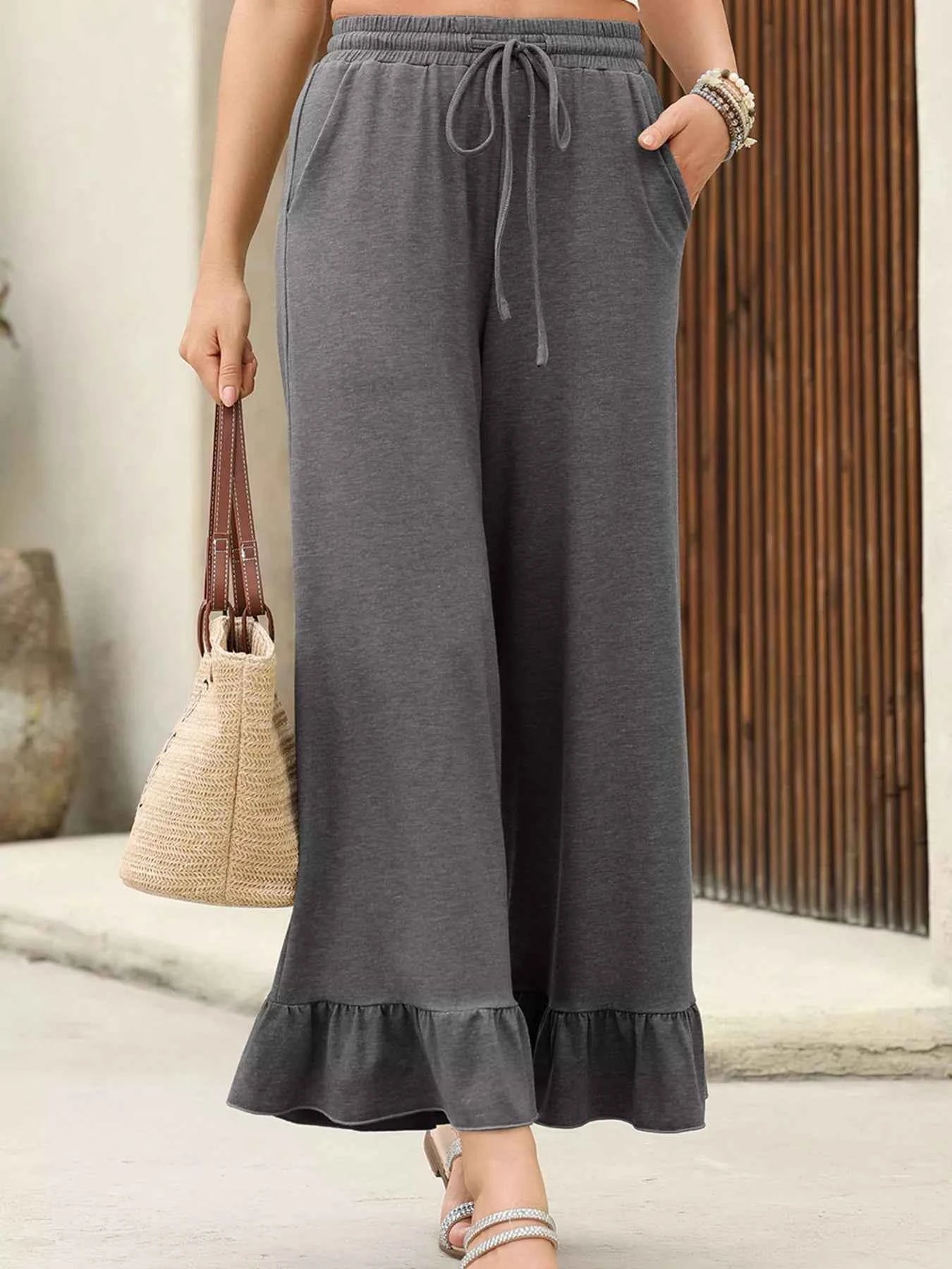 Ruffled Wide Leg Pull On High Waist Pants with Pockets