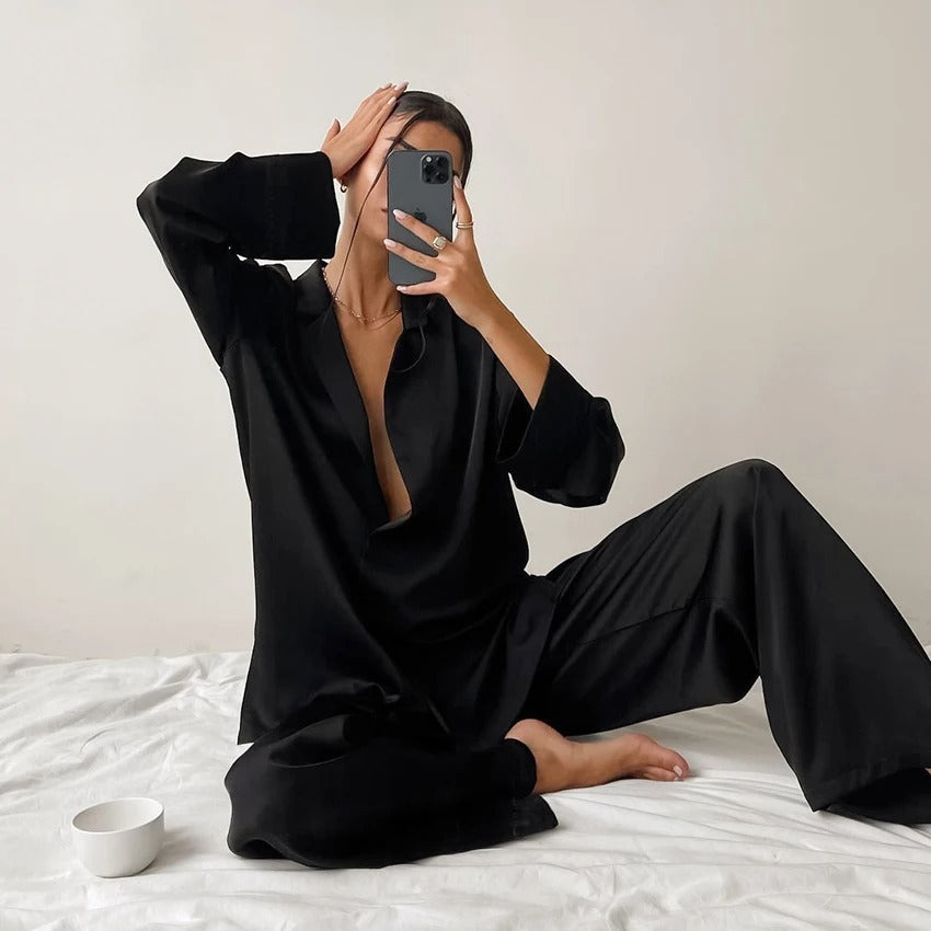 Ultra-Luxe Women’s Silk Wide-Leg Pajama Set Outfit Sets
