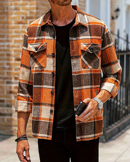 Men's Plaid Loose Cardigan Shirt Orange-brown Cardigan Shirt