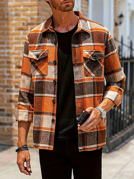 Men's Plaid Loose Cardigan Shirt Orange-brown Cardigan Shirt