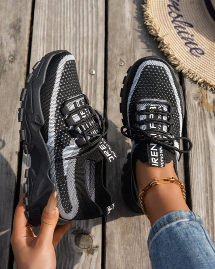 Women’s Flyknit Mesh Lace-Up Sneakers Black And Gray Sneakers