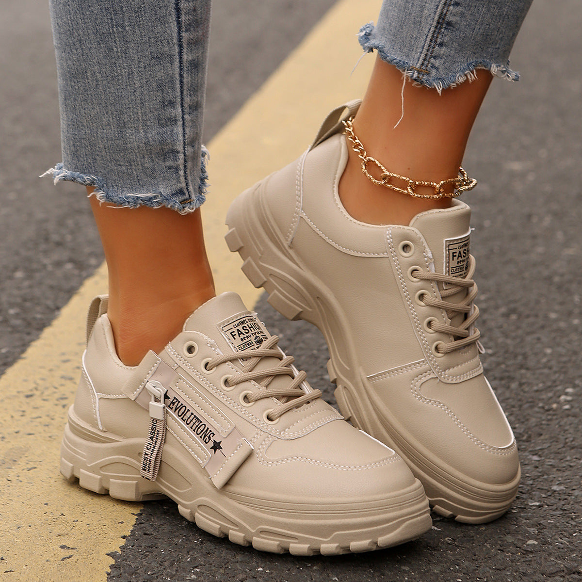 Thick-Soled Casual Sneakers for Women Cream white Sneakers