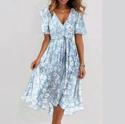Women's Chiffon Printed V-Neck Dress Aqua blue Dress