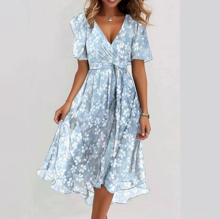 Women's Chiffon Printed V-Neck Dress Aqua blue Dress