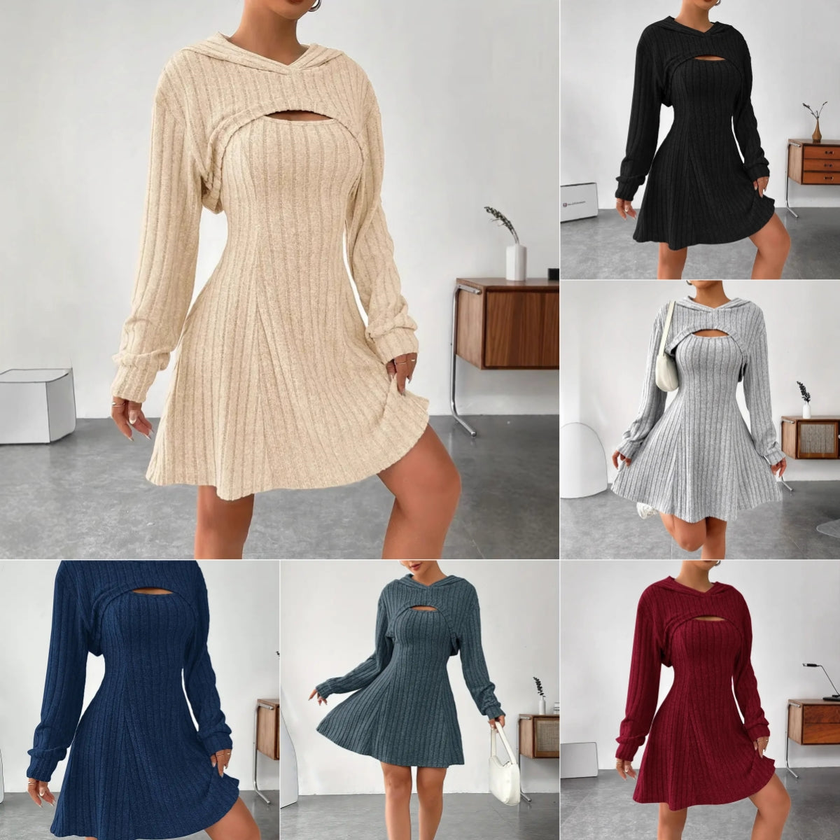 Women’s Two‑Piece Hooded Shawl Vest & Skirt Set Skirts