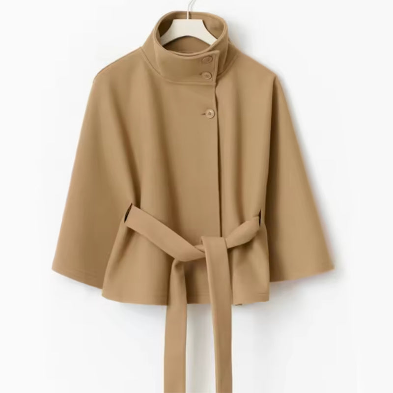Elegant Batwing Trench Coat with Belt Brown Coats