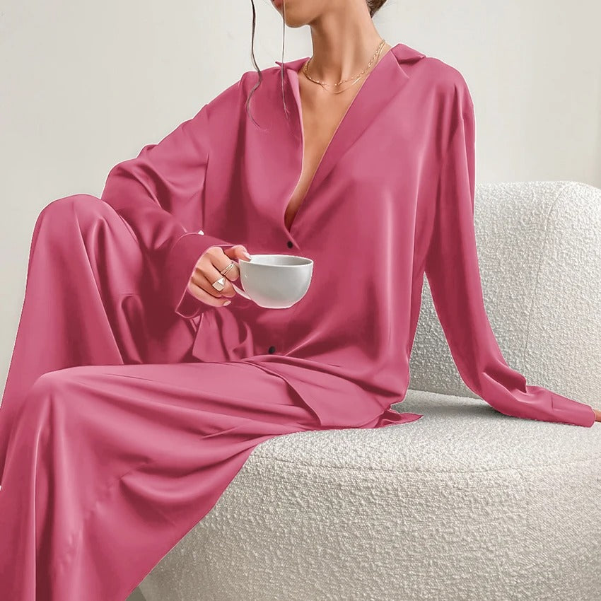 Ultra-Luxe Women’s Silk Wide-Leg Pajama Set Blush Pink Outfit Sets