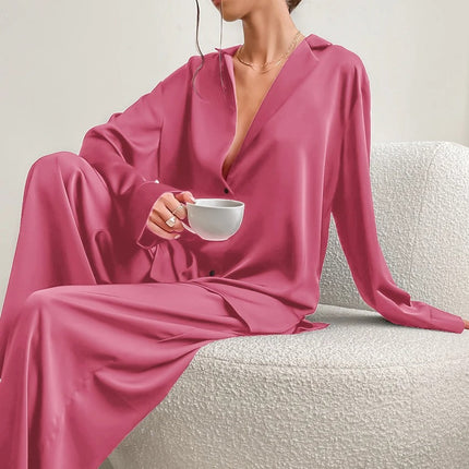 Ultra-Luxe Women’s Silk Wide-Leg Pajama Set Blush Pink Outfit Sets