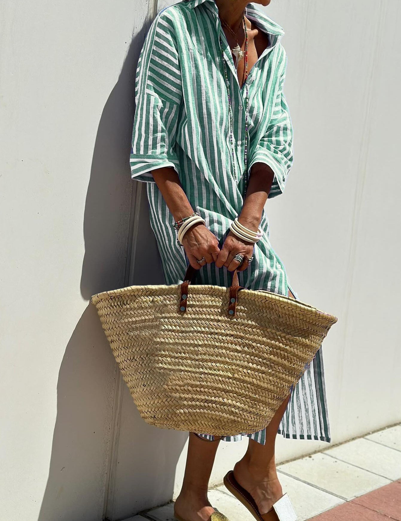Striped Shirt Dress With Belt Green1 Dresses