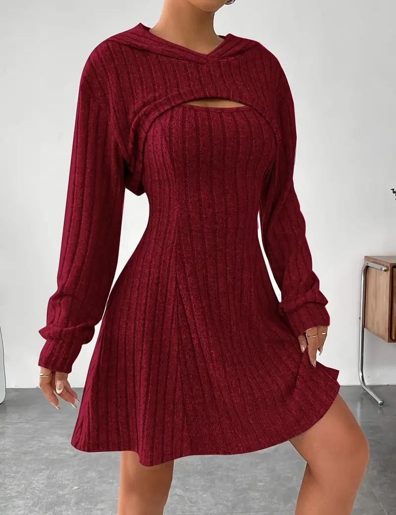 Women’s Two‑Piece Hooded Shawl Vest & Skirt Set Dark Red Skirts
