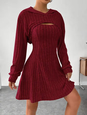 Women’s Two‑Piece Hooded Shawl Vest & Skirt Set Dark Red Skirts