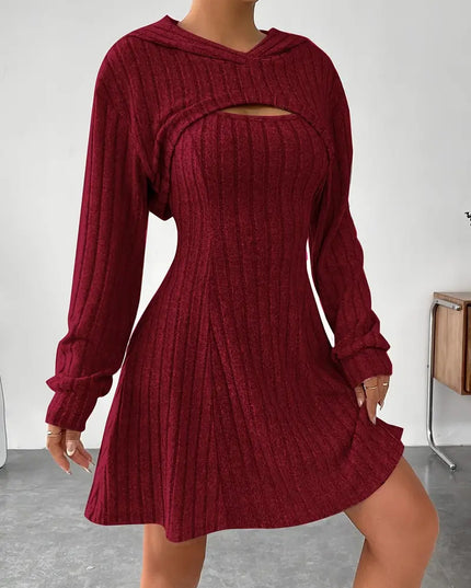 Women’s Two‑Piece Hooded Shawl Vest & Skirt Set Dark Red Skirts