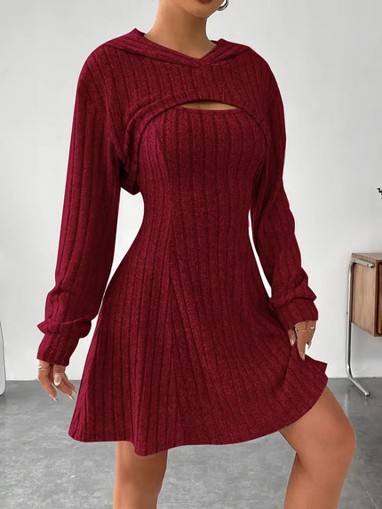 Women’s Two‑Piece Hooded Shawl Vest & Skirt Set Dark Red Skirts