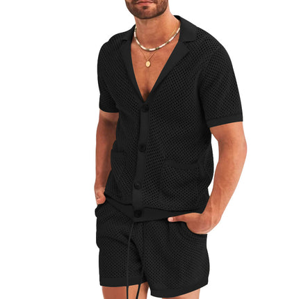 Men's Summer Casual Hollow Short Sleeve Shirt & Shorts Set Black Shirts